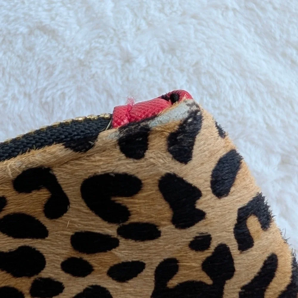 Dune London Leopard Print Calf Hair Crystal Wristlet Clutch Bag Red Accent